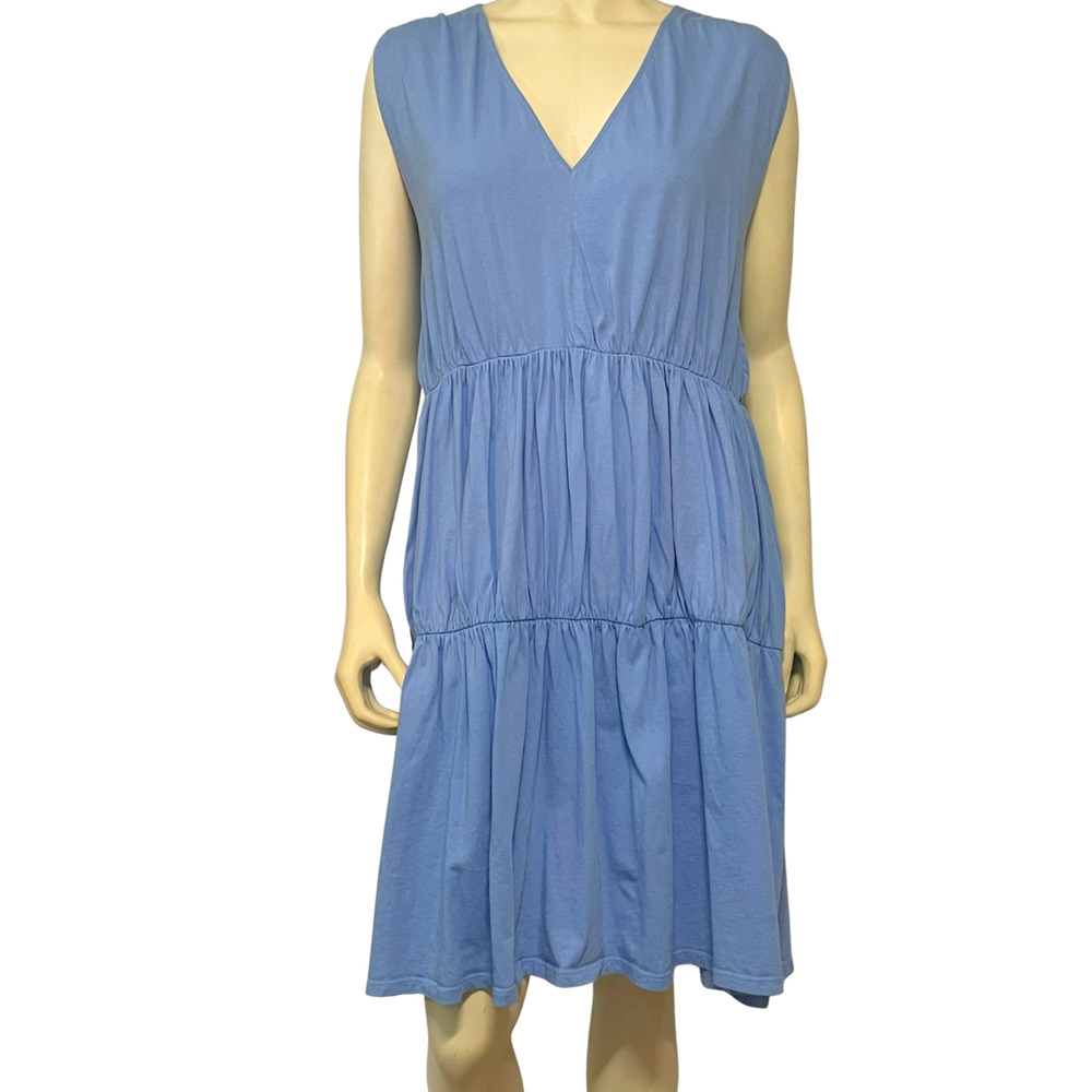 Zara Sz S Dropped Waist Tank Dress V-Neck Tiered Skirt Stretch Knit Blue Boho